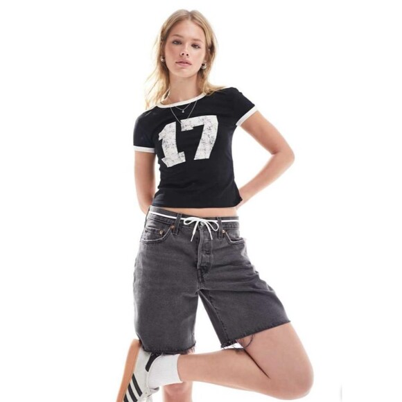 Levis Premium Womens 501 90s Denim Jean Shorts Mid Thigh Rise Long Black Gray - Picture 3 of 16